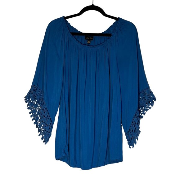 Melissa Paige Blue Crochet Sleeve Women's Blouse L Viscose Business Academia - Picture 2 of 9